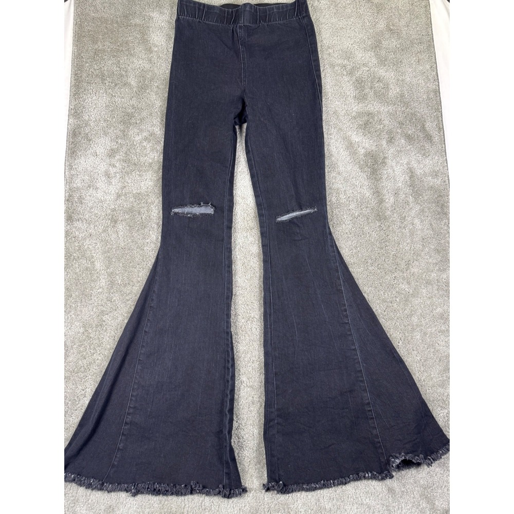 Newbury Kustom Black Distressed Bell Bottom Flare Jeans Elastic Waist Small
